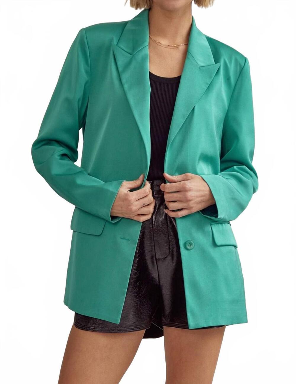 NEW ENTRO satin button front blazer in jade